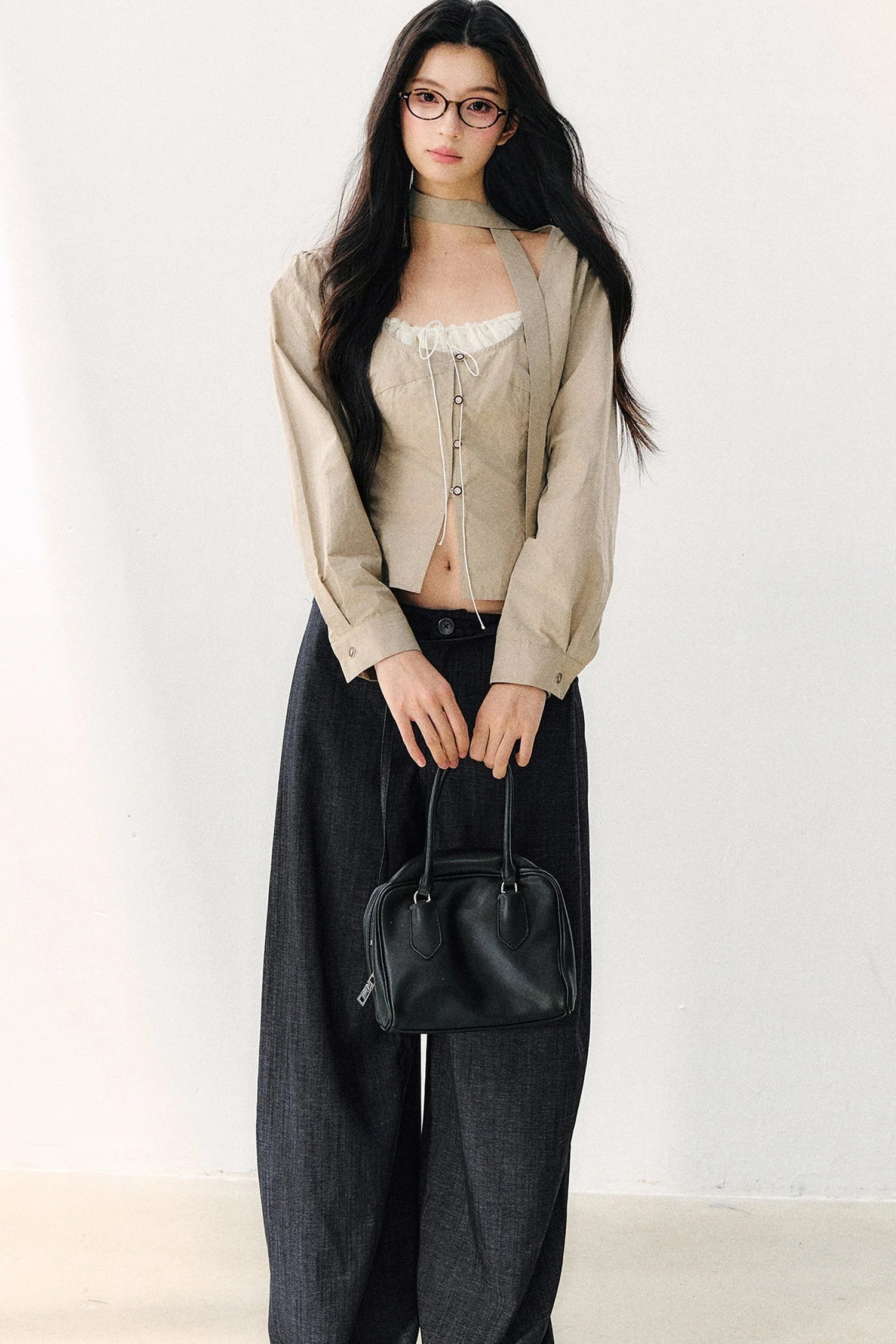 Halter Neck Ribbon Patchwork Long Sleeve Top