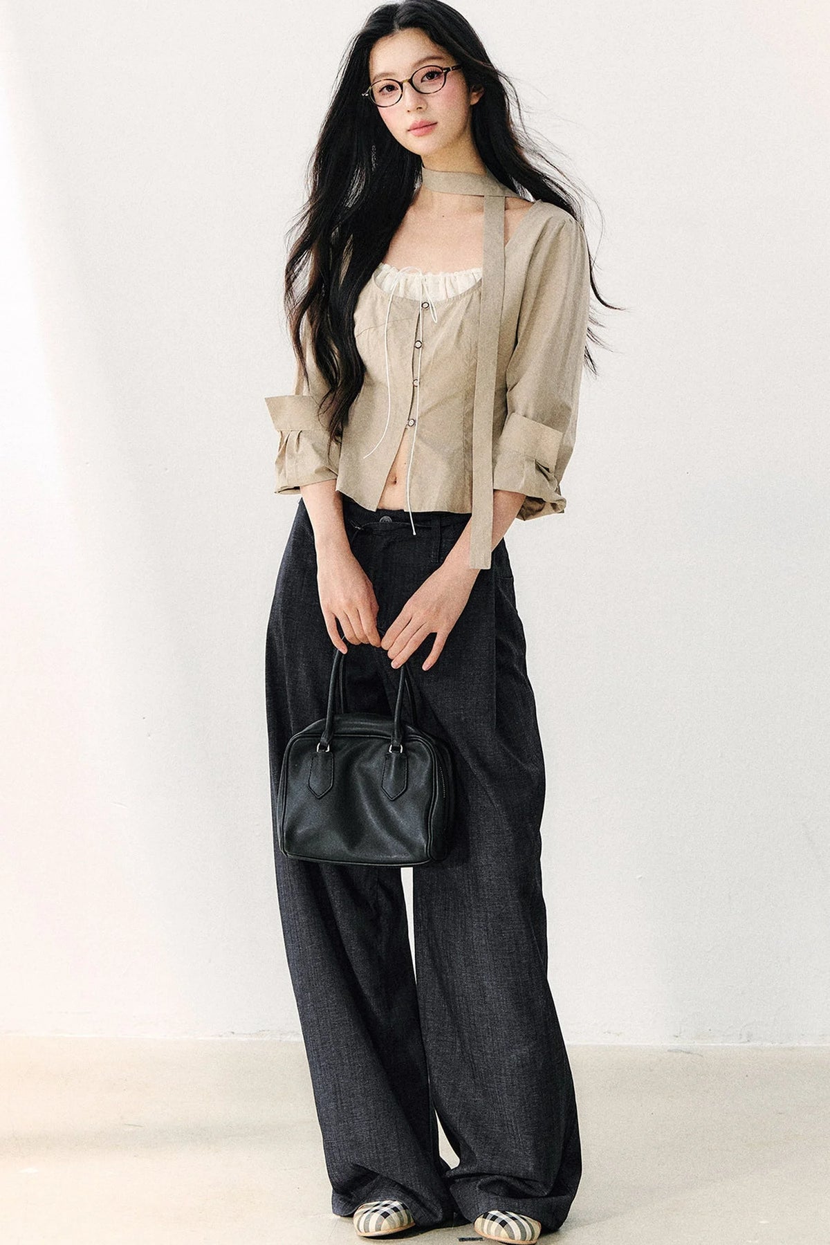 Halter Neck Ribbon Patchwork Long Sleeve Top