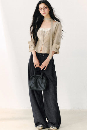 Halter Neck Ribbon Patchwork Long Sleeve Top