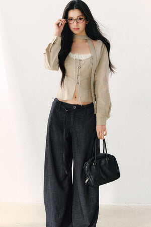 Halter Neck Ribbon Patchwork Long Sleeve Top