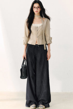 Halter Neck Ribbon Patchwork Long Sleeve Top