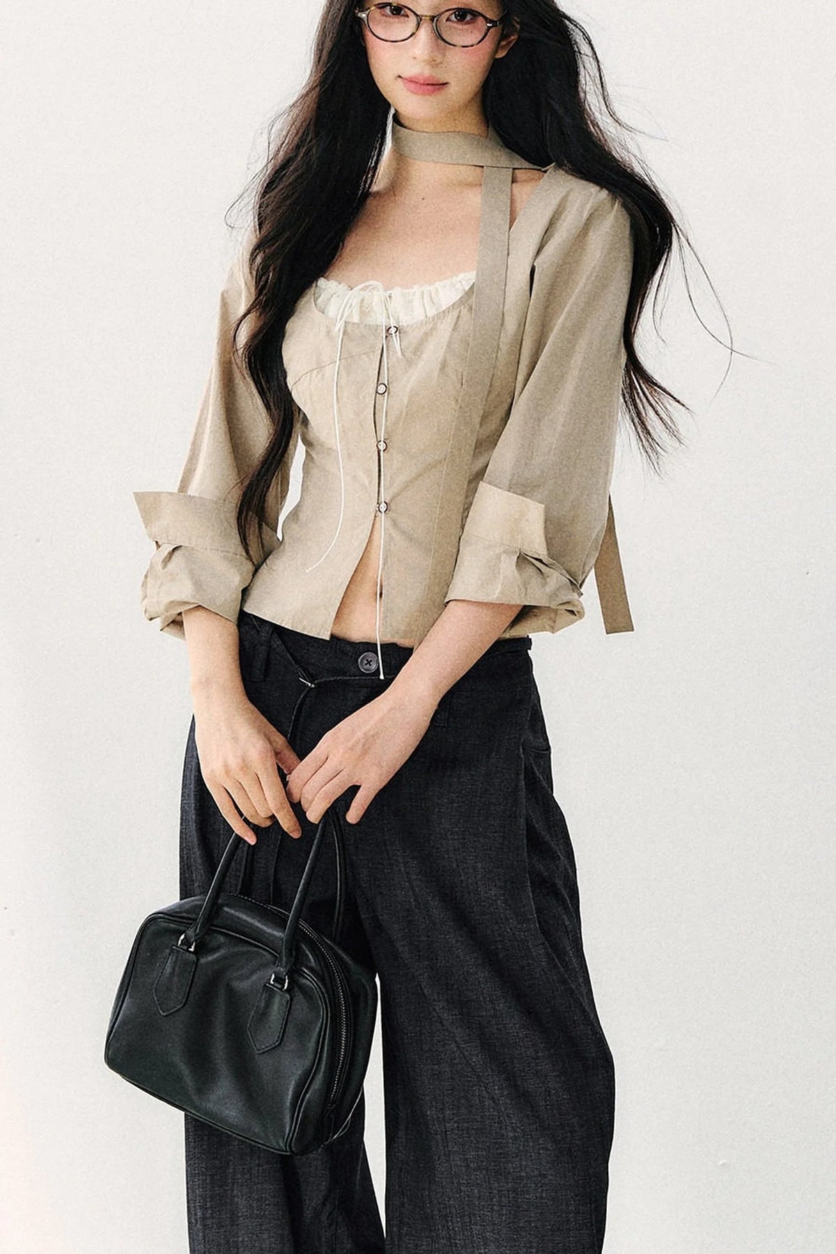 Halter Neck Ribbon Patchwork Long Sleeve Top