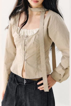 Halter Neck Ribbon Patchwork Long Sleeve Top