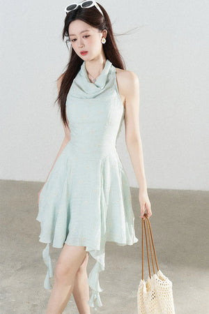 Halter Neck Sleeveless Irregular Hem Ruffle Dress