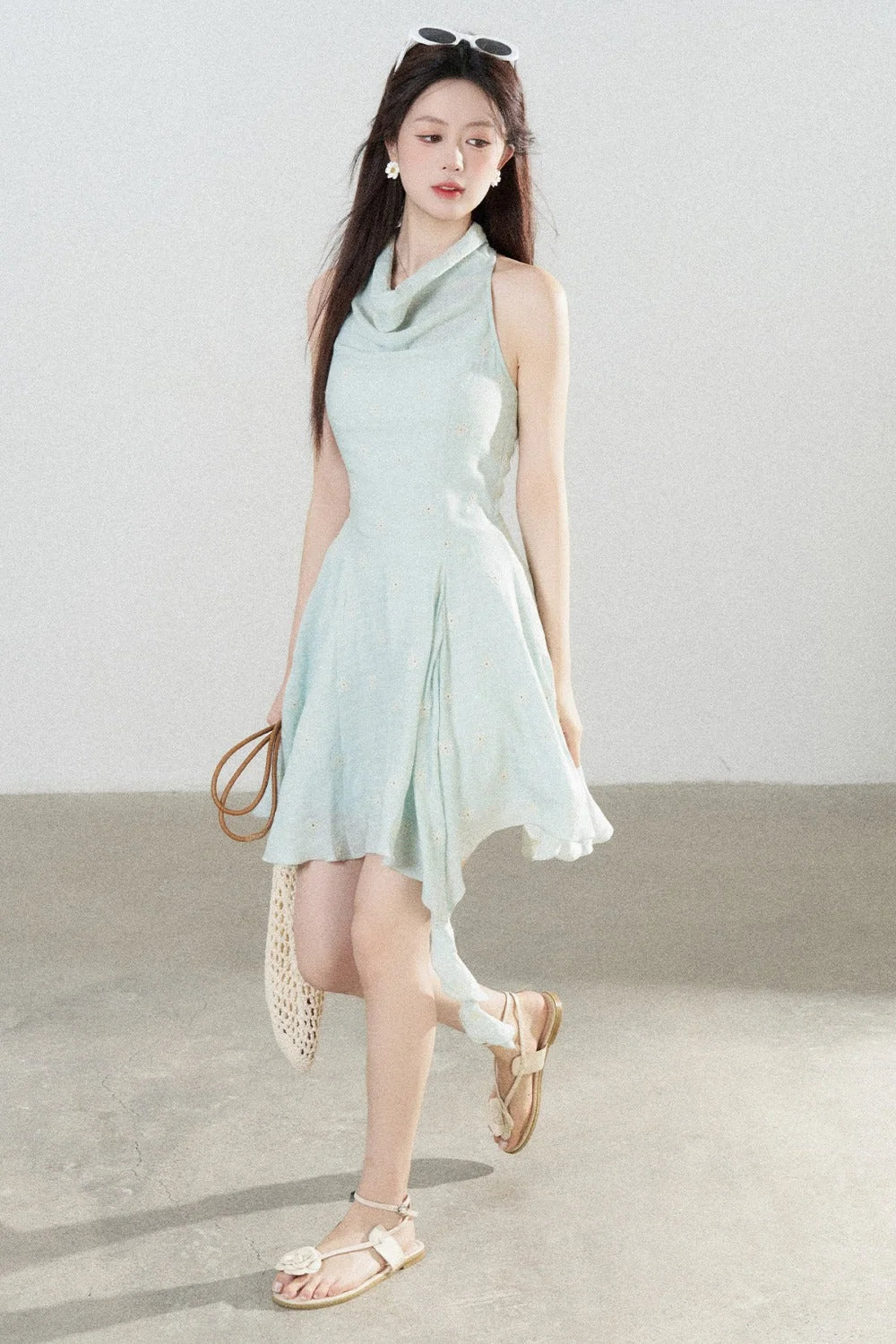 Halter Neck Sleeveless Irregular Hem Ruffle Dress
