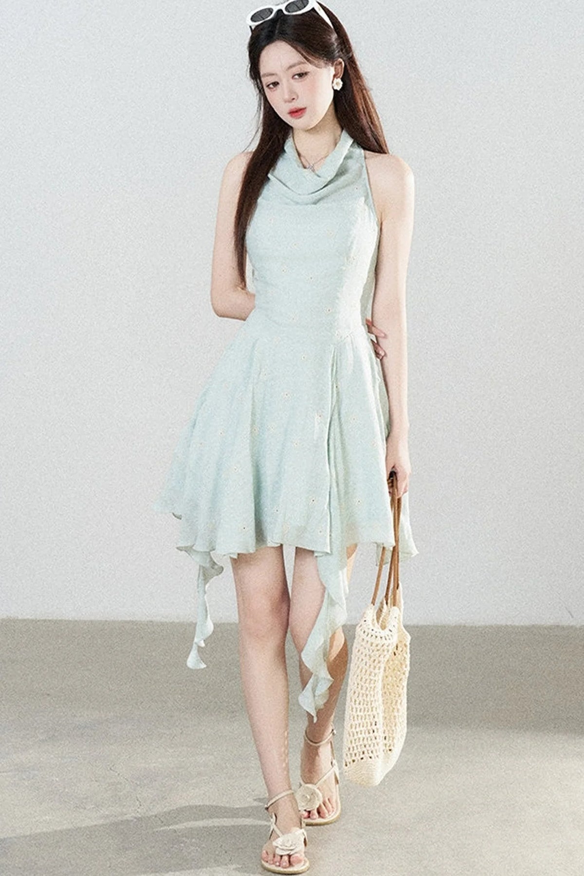 Halter Neck Sleeveless Irregular Hem Ruffle Dress