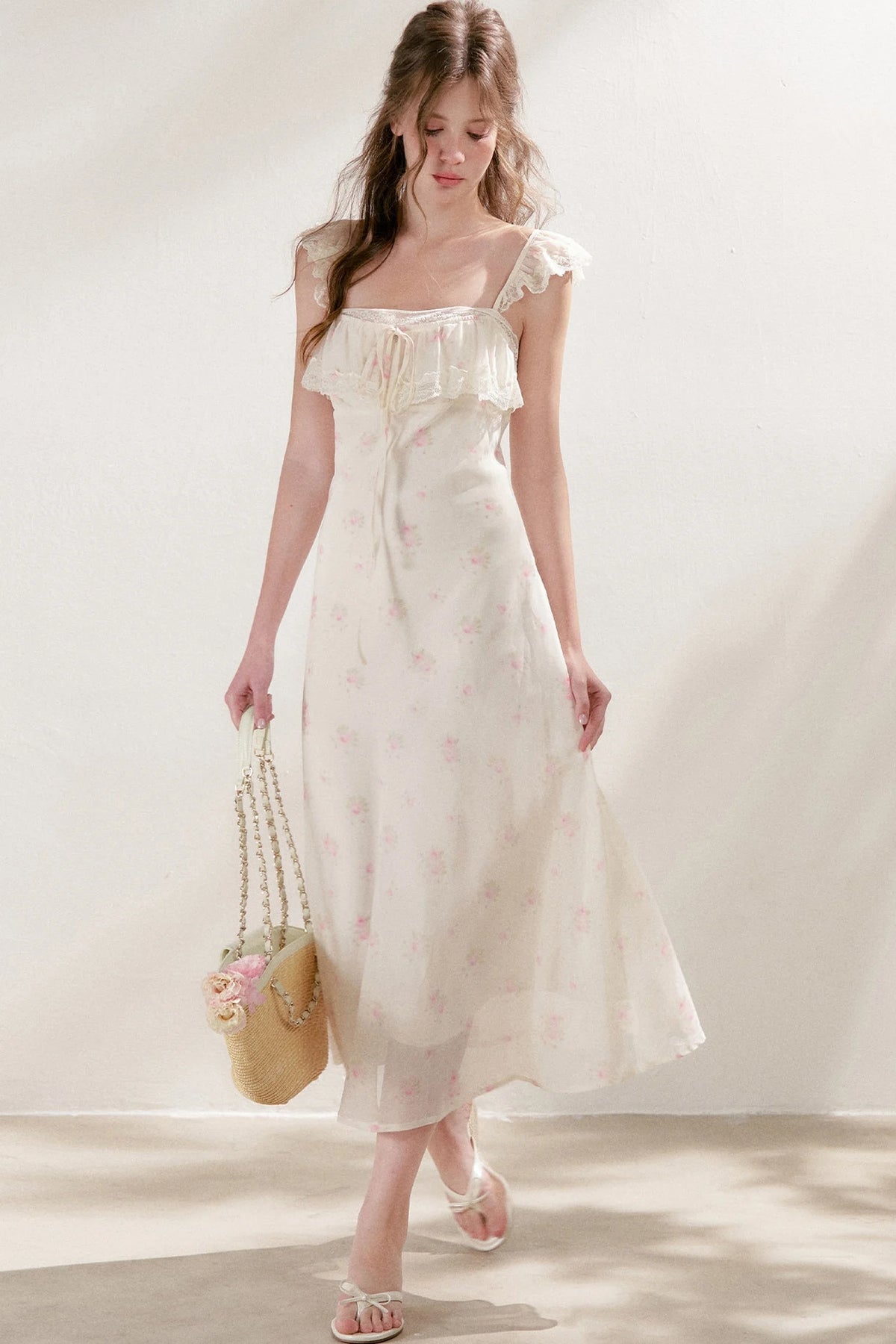 Hand-Painted Blurred Rose Print Lace Patchwork Long Dress