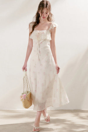 Hand-Painted Blurred Rose Print Lace Patchwork Long Dress