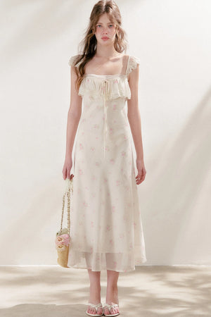 Hand-Painted Blurred Rose Print Lace Patchwork Long Dress