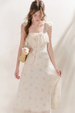 Hand-Painted Blurred Rose Print Lace Patchwork Long Dress