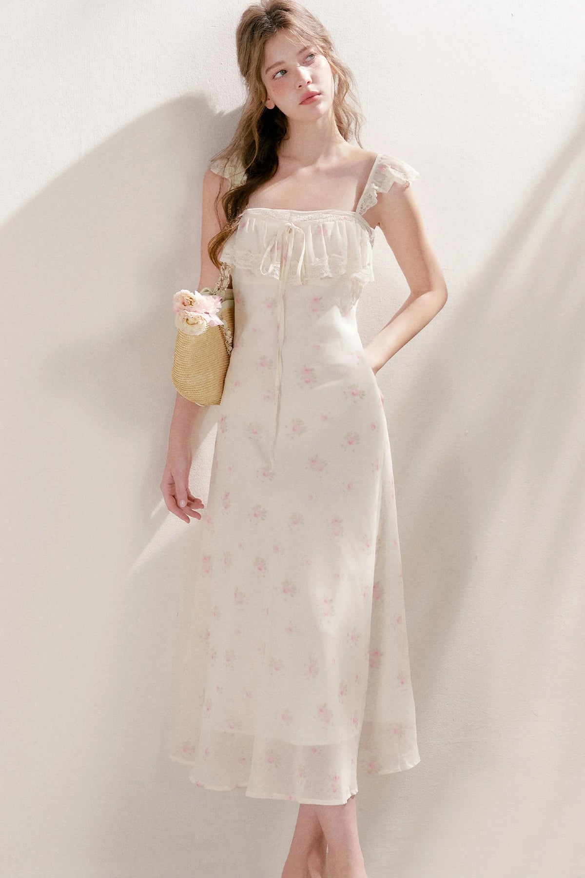Hand-Painted Blurred Rose Print Lace Patchwork Long Dress