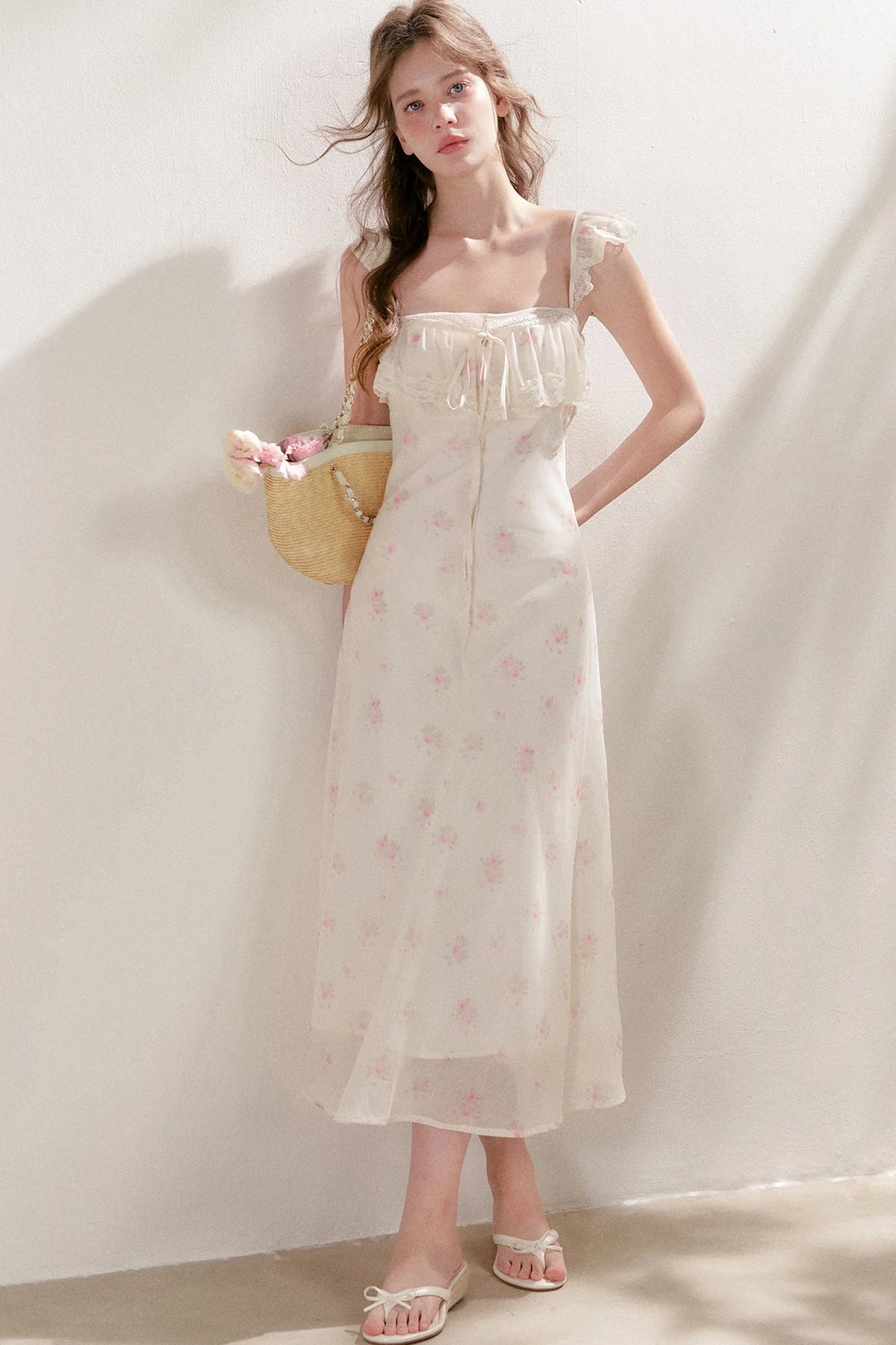 Hand-Painted Blurred Rose Print Lace Patchwork Long Dress