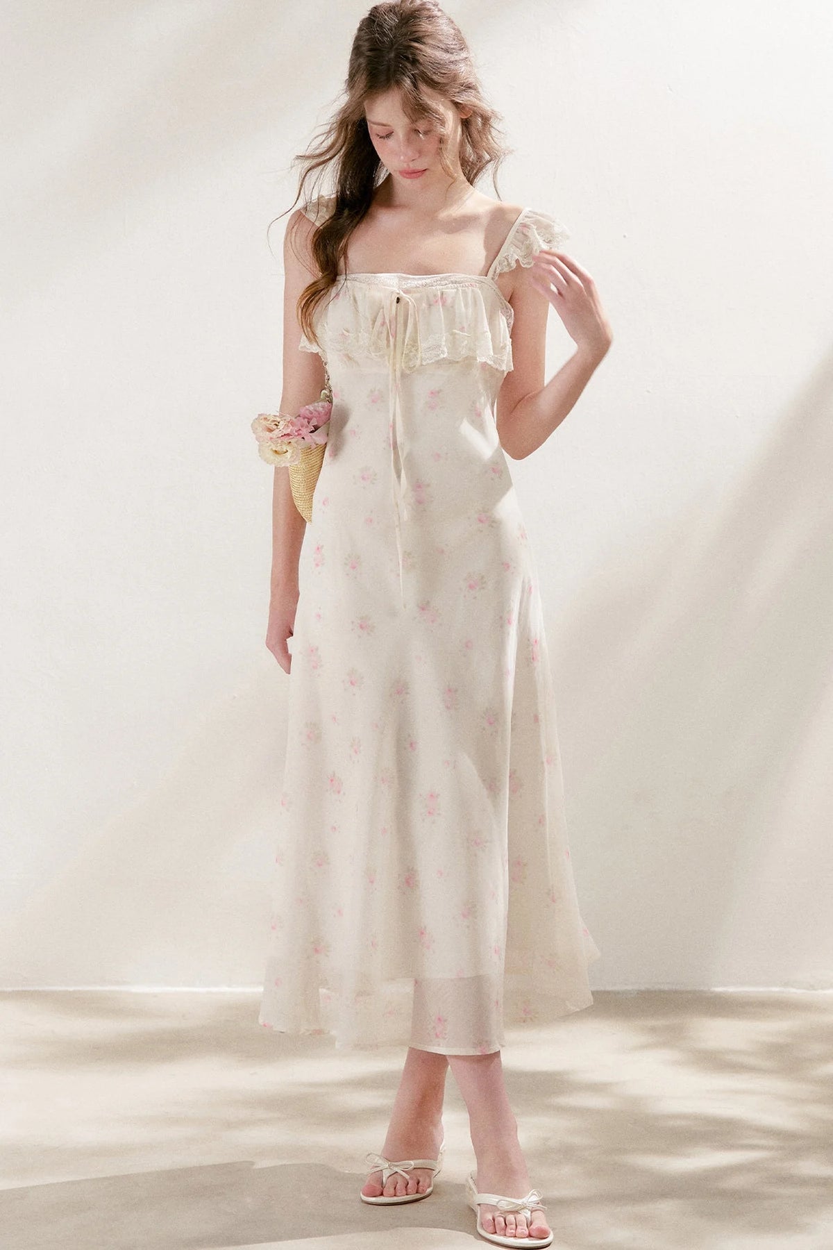 Hand-Painted Blurred Rose Print Lace Patchwork Long Dress