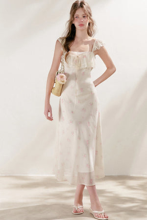 Hand-Painted Blurred Rose Print Lace Patchwork Long Dress
