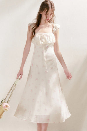 Hand-Painted Blurred Rose Print Lace Patchwork Long Dress