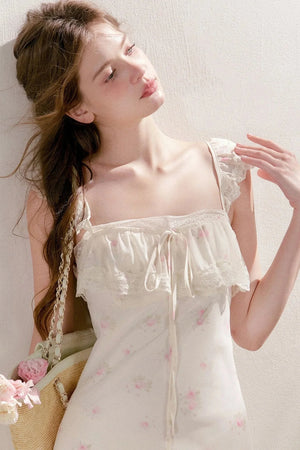 Hand-Painted Blurred Rose Print Lace Patchwork Long Dress