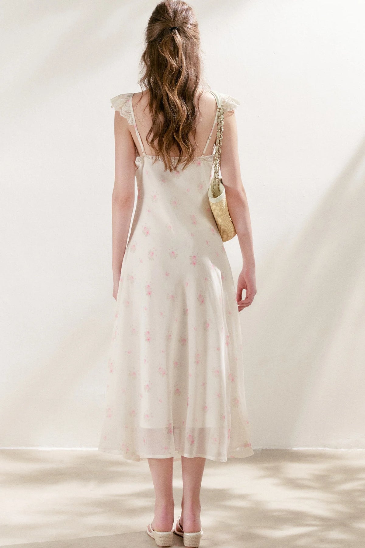 Hand-Painted Blurred Rose Print Lace Patchwork Long Dress