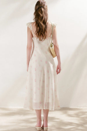 Hand-Painted Blurred Rose Print Lace Patchwork Long Dress