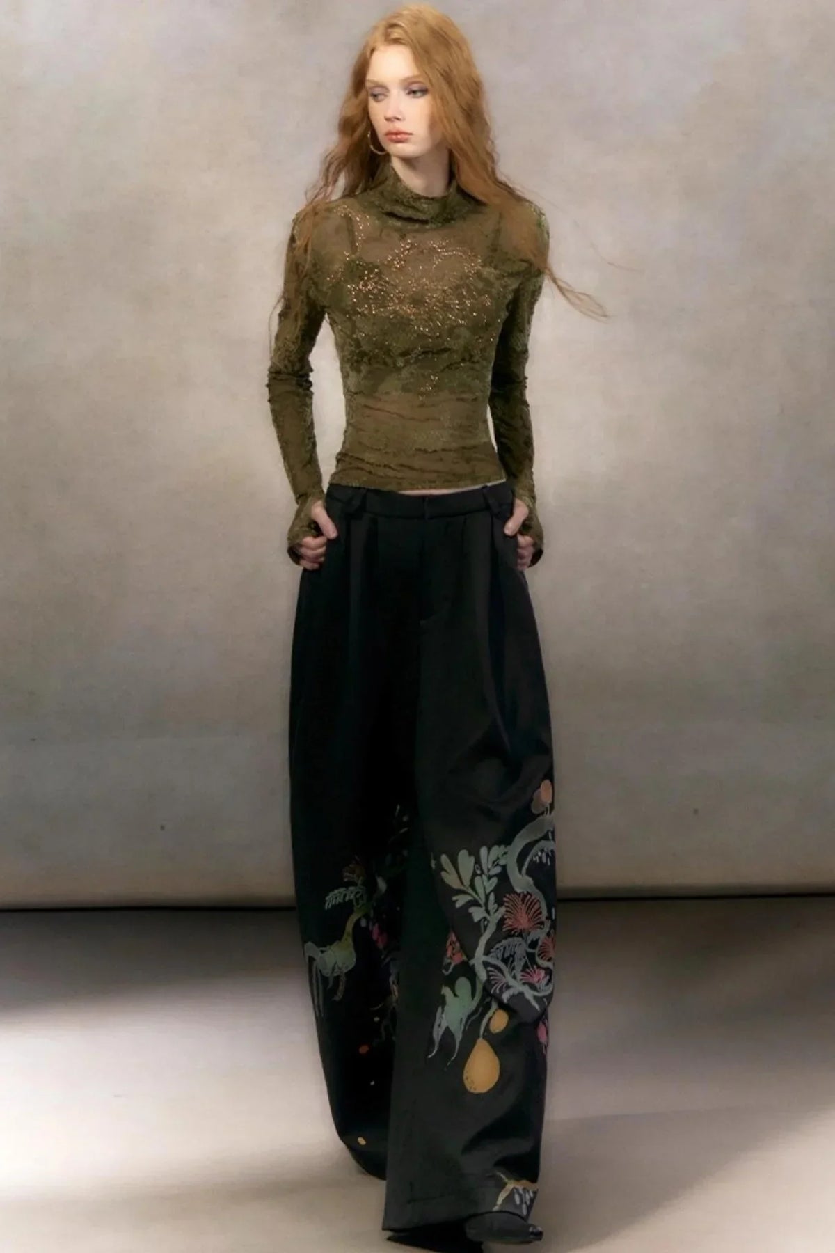 Hand-Painted Floral Wide-Leg Pants