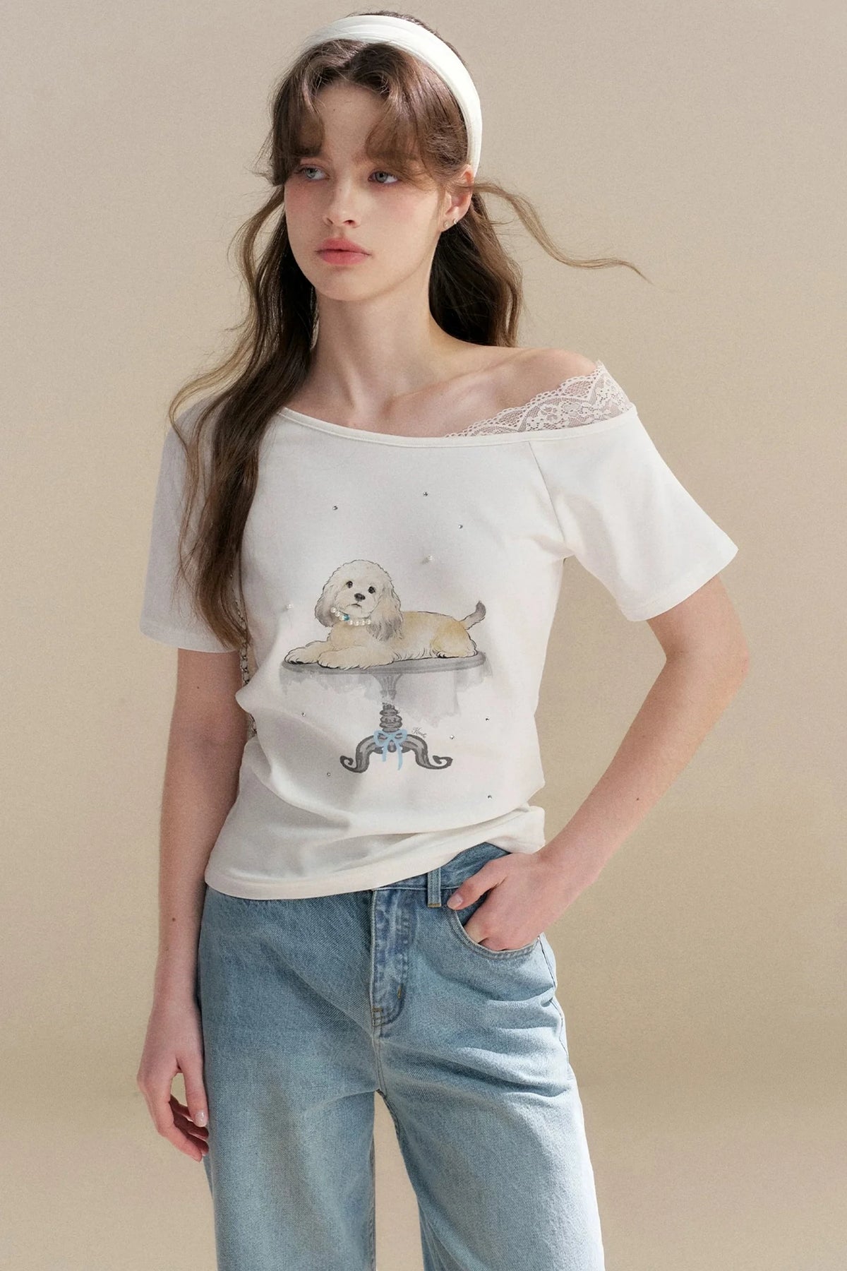Hand-Painted Lace Off-Shoulder Top