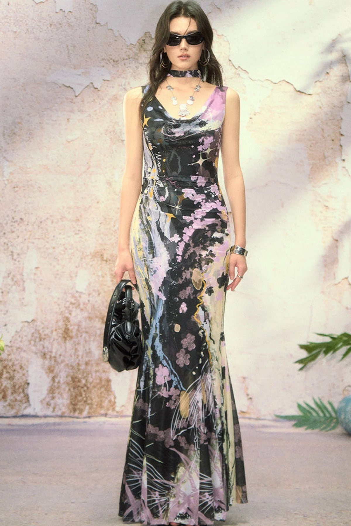 Hand-Painted Mesh Asymmetric Shoulder Dress
