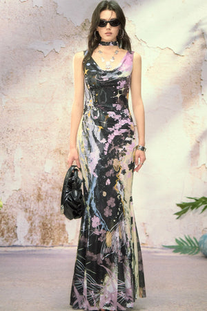 Hand-Painted Mesh Asymmetric Shoulder Dress