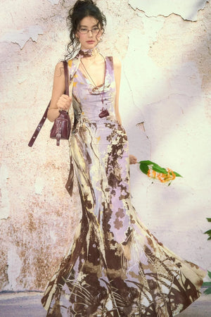 Hand-Painted Mesh Asymmetric Shoulder Dress