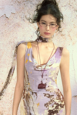 Hand-Painted Mesh Asymmetric Shoulder Dress