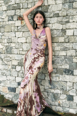 Hand-Painted Mesh Asymmetric Shoulder Dress