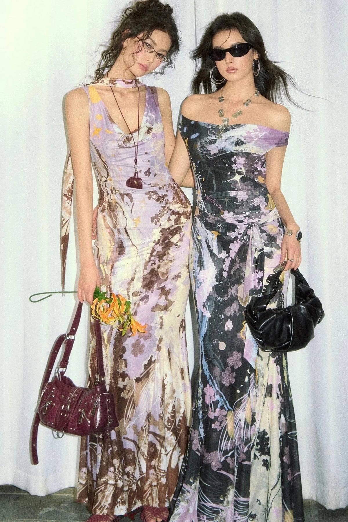 Hand-Painted Mesh Asymmetric Shoulder Dress