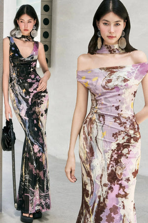Hand-Painted Mesh Asymmetric Shoulder Dress