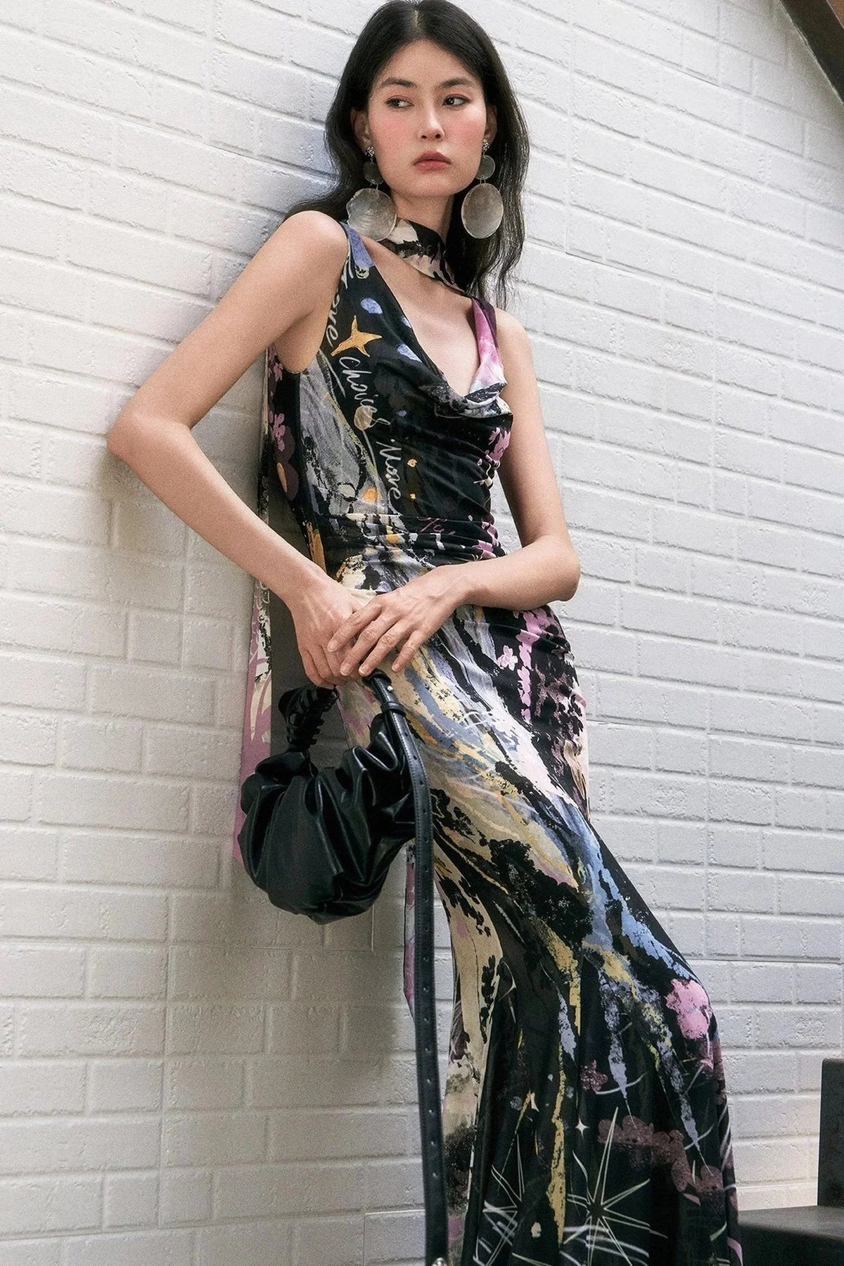 Hand-Painted Mesh Asymmetric Shoulder Dress