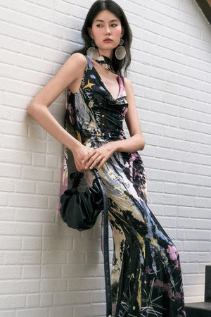 Hand-Painted Mesh Asymmetric Shoulder Dress