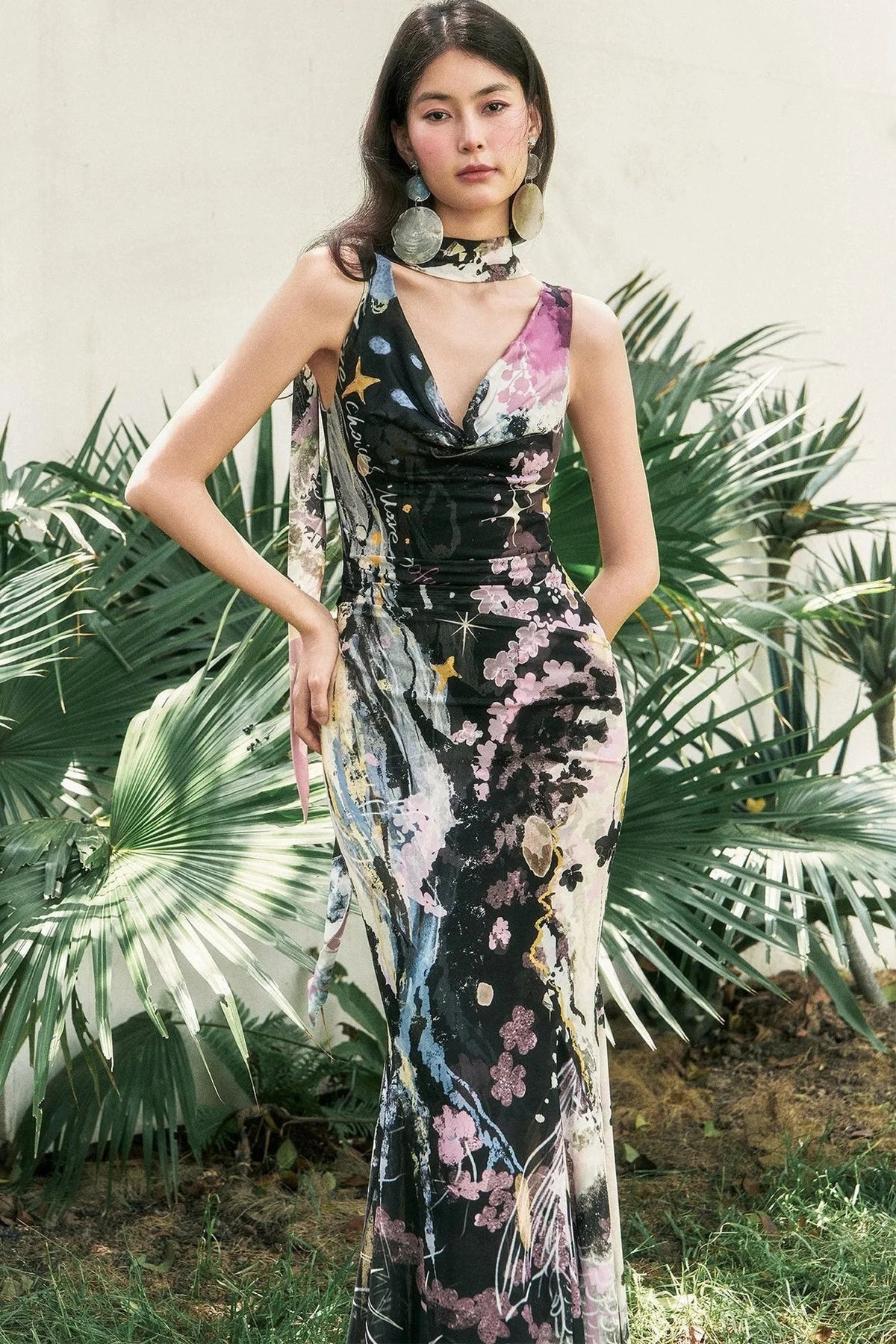 Hand-Painted Mesh Asymmetric Shoulder Dress