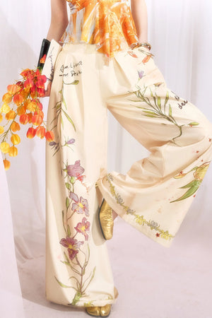 Hand-Painted Plant Print Wide Leg Pants