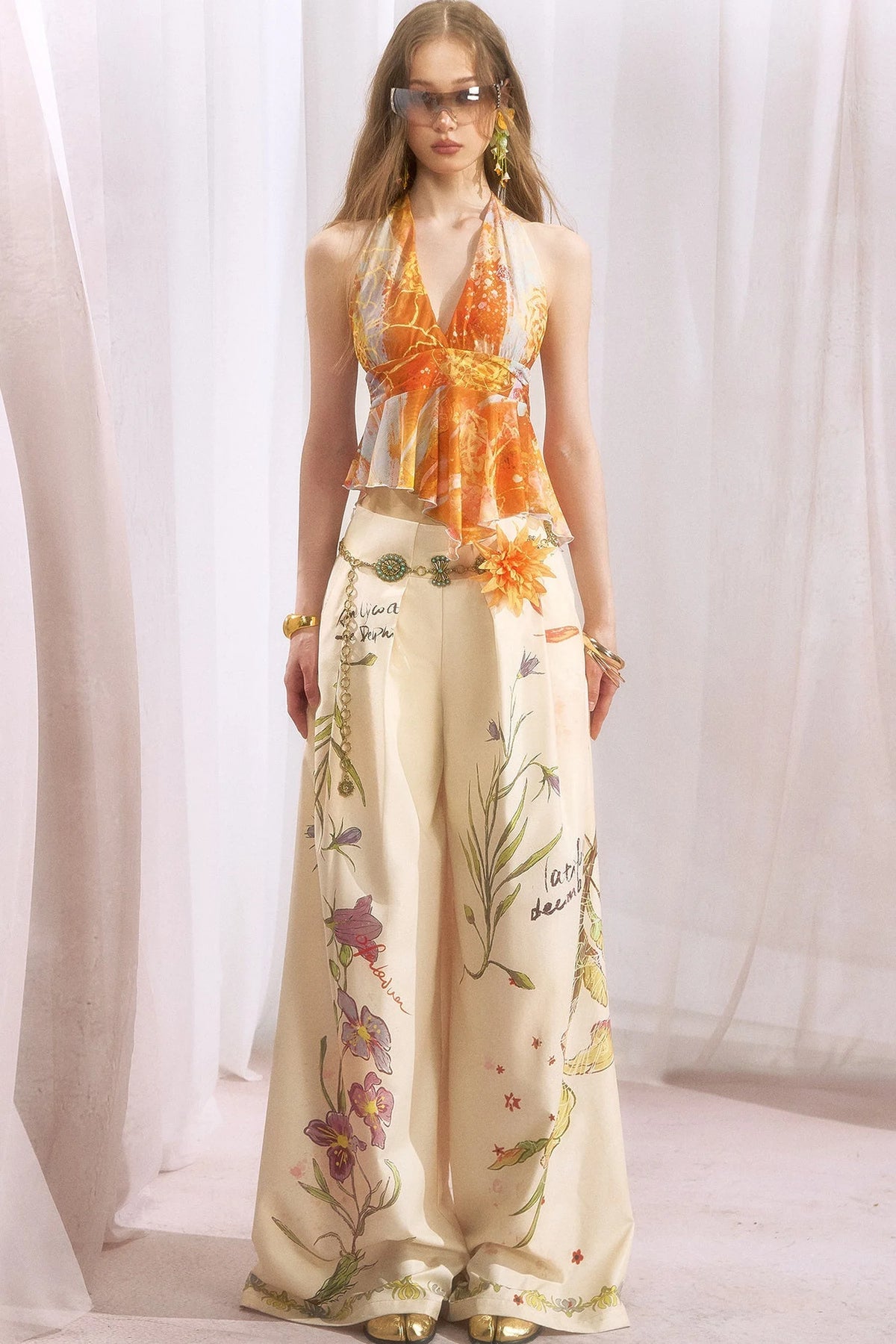 Hand-Painted Plant Print Wide Leg Pants