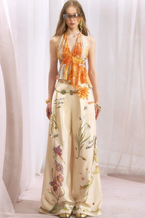 Hand-Painted Plant Print Wide Leg Pants