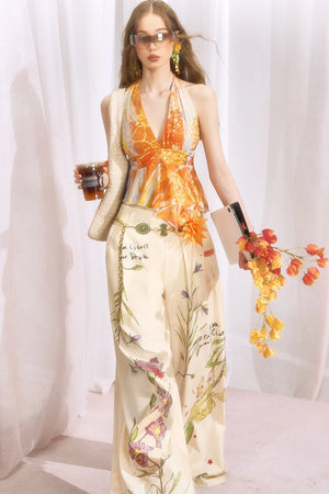 Hand-Painted Plant Print Wide Leg Pants