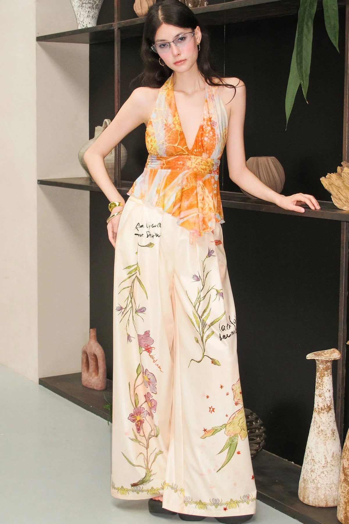 Hand-Painted Plant Print Wide Leg Pants