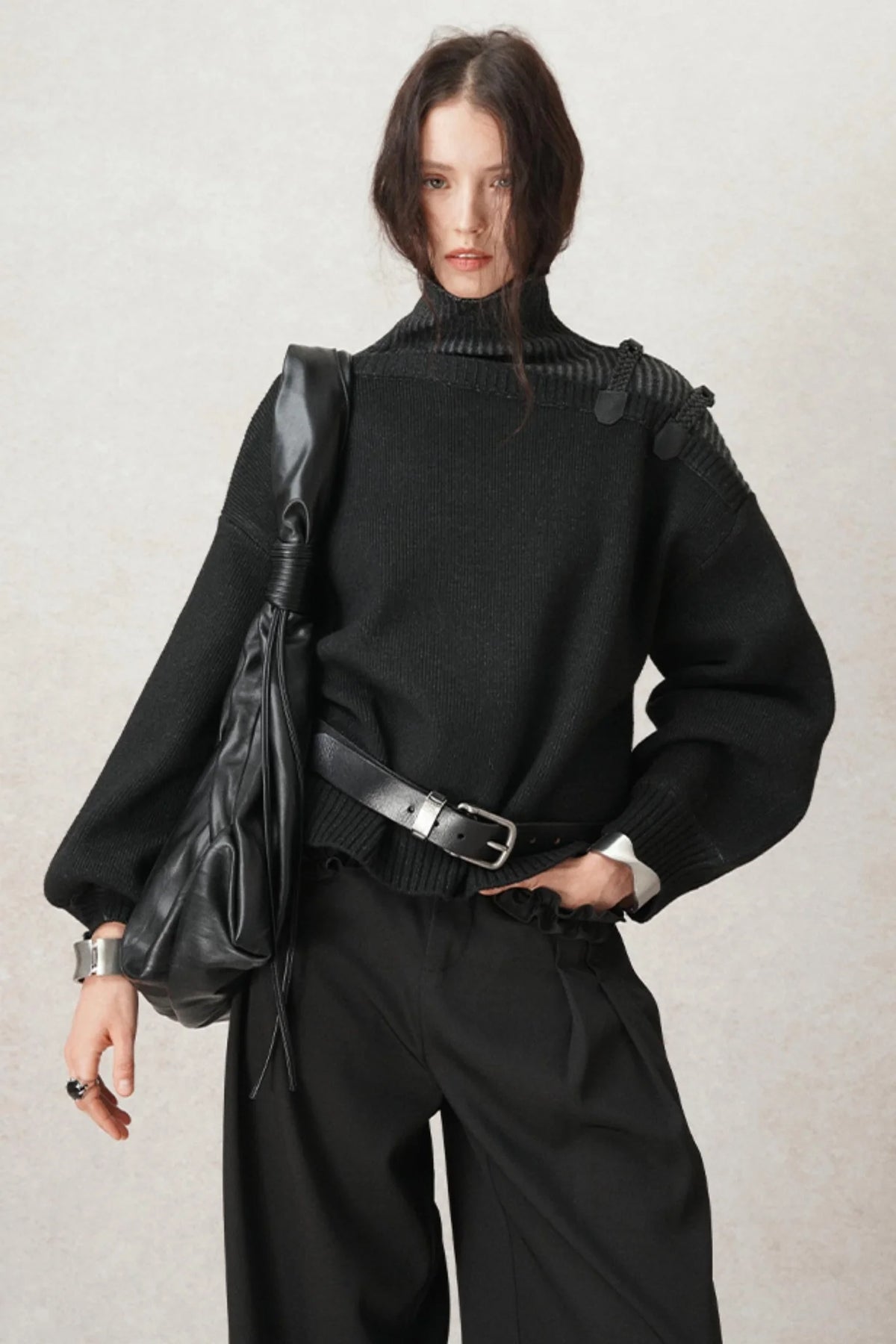 Hand-Woven Leather Loop Sweater