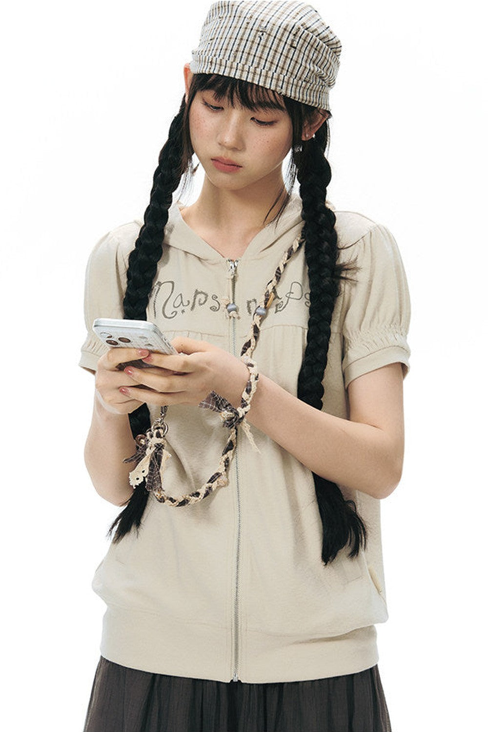 Hand-Woven Plaid Button Phone Chain