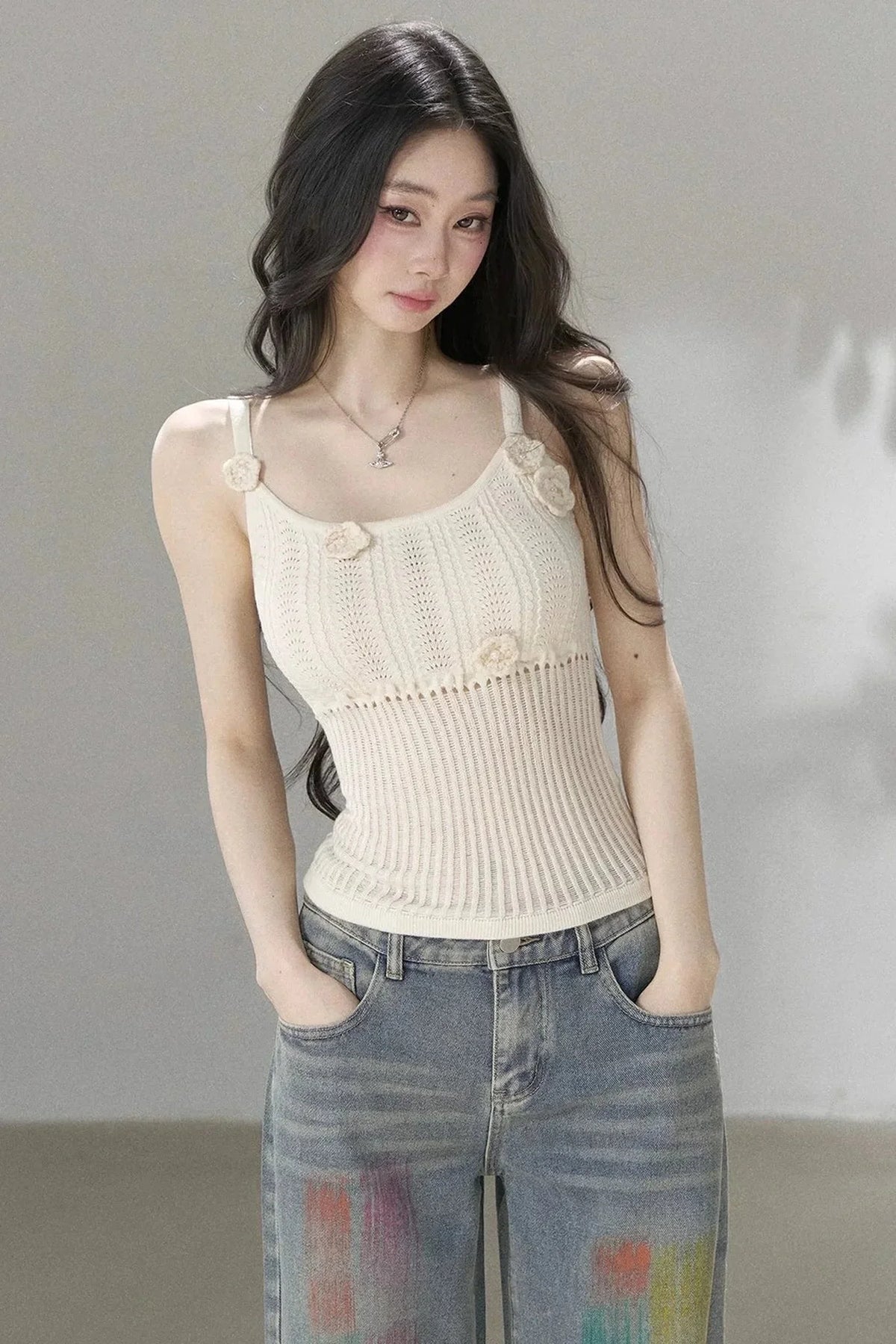 Handmade 3D Flower Hollow Knit Camisole