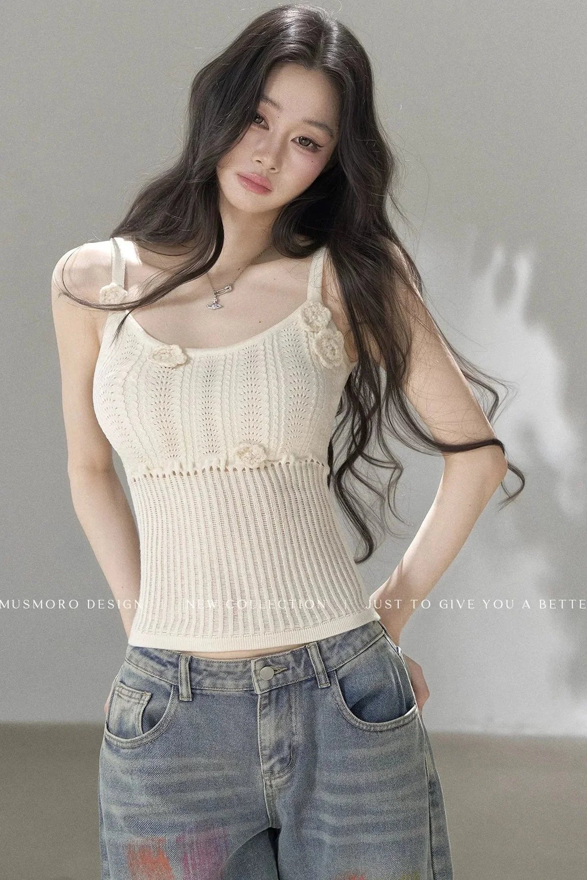 Handmade 3D Flower Hollow Knit Camisole