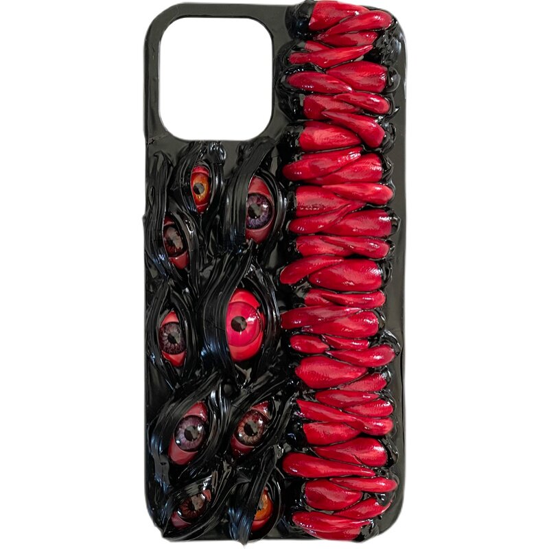 Handmade 3D horror-themed iPhone case featuring multiple realistic eyes and red textured details on a black background.