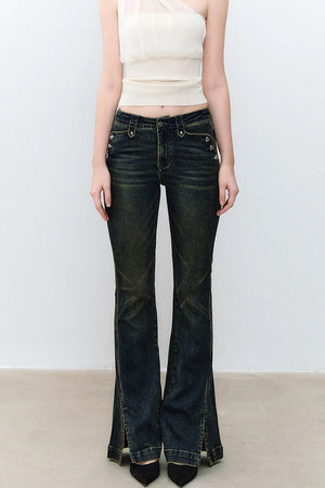 Heart Button Slit Flared Jeans