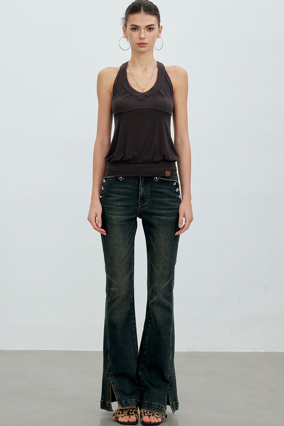 Heart Button Slit Flared Jeans