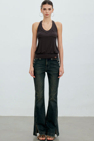 Heart Button Slit Flared Jeans