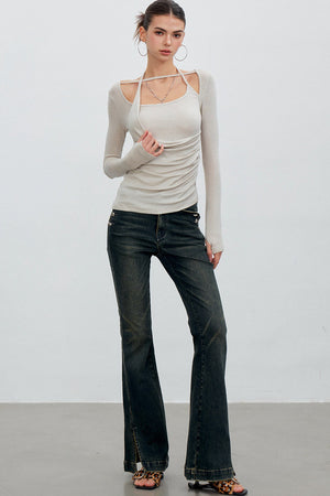 Heart Button Slit Flared Jeans