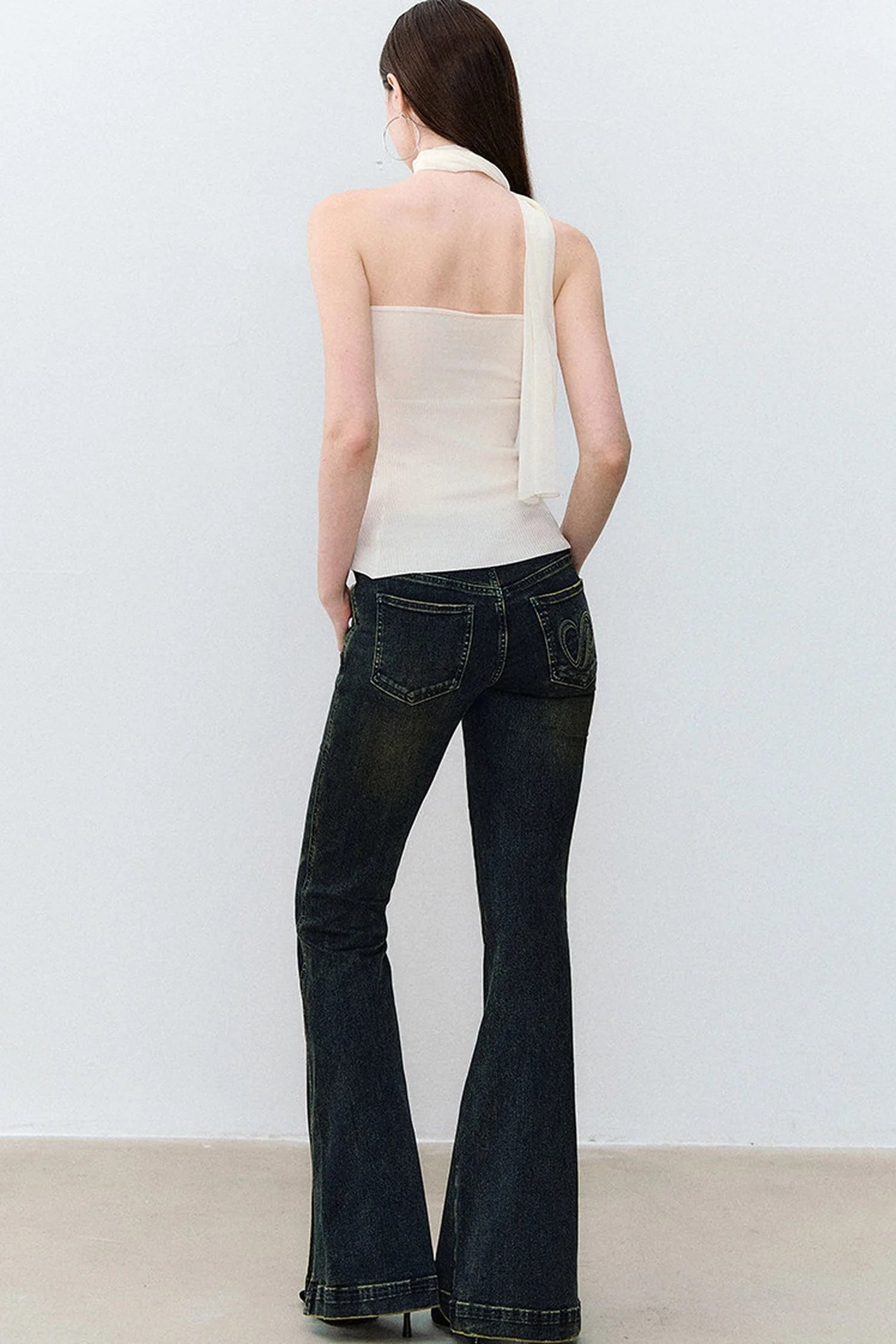 Heart Button Slit Flared Jeans