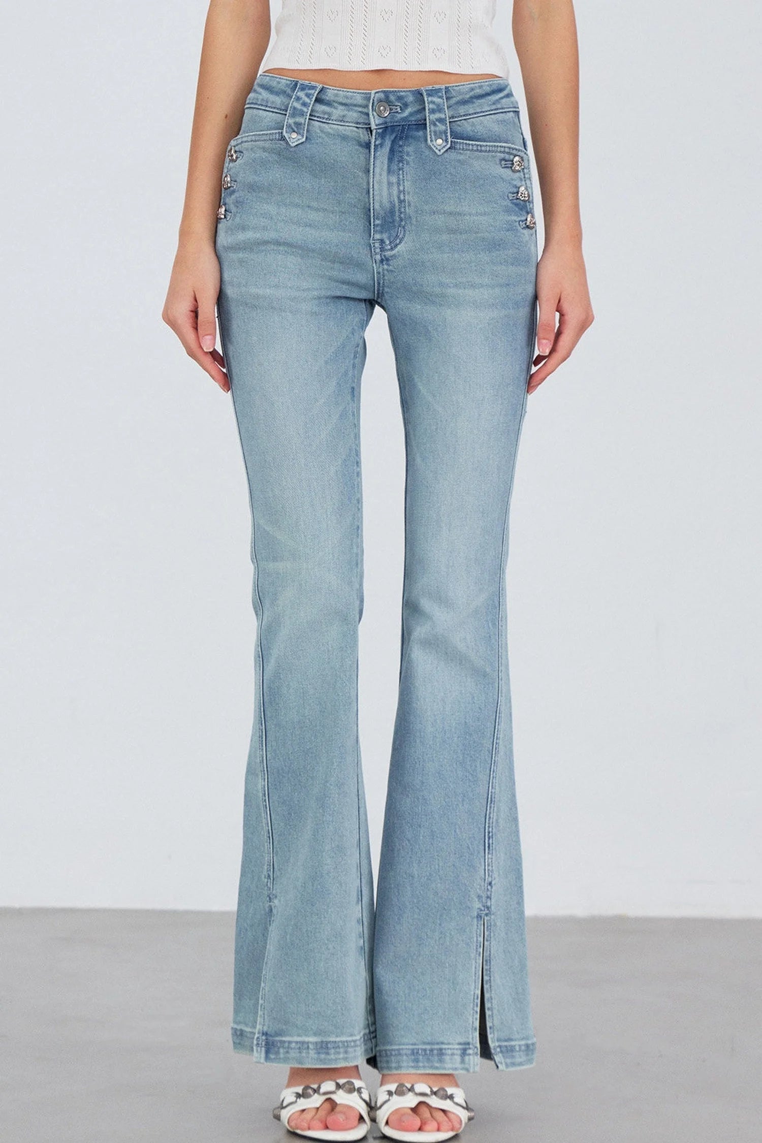 Heart Button Slit Flared Jeans